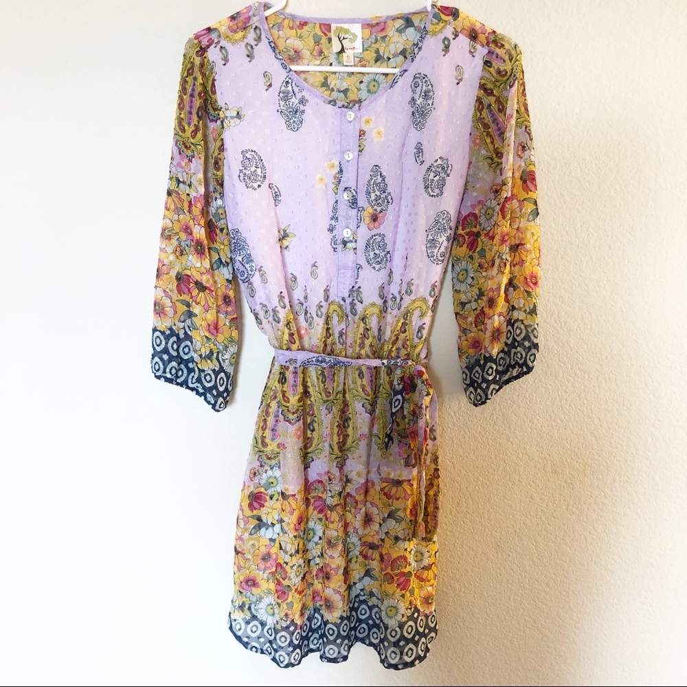 Anthropologie Purple and Yellow Paisley Midi Dress